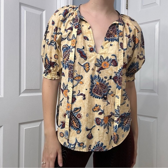A.L.C. Blouse Puff Sleeve Apricot Ellis Patterned Boho Tie Cotton Size 6 Small - Picture 2 of 7